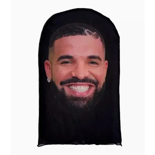 Black face-shaped cosplay 3d printed mask featuring drake portrait for role play headdress and hip hop fashion use