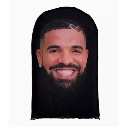 Black face-shaped cosplay 3d printed mask featuring drake portrait for role play headdress and hip hop fashion use