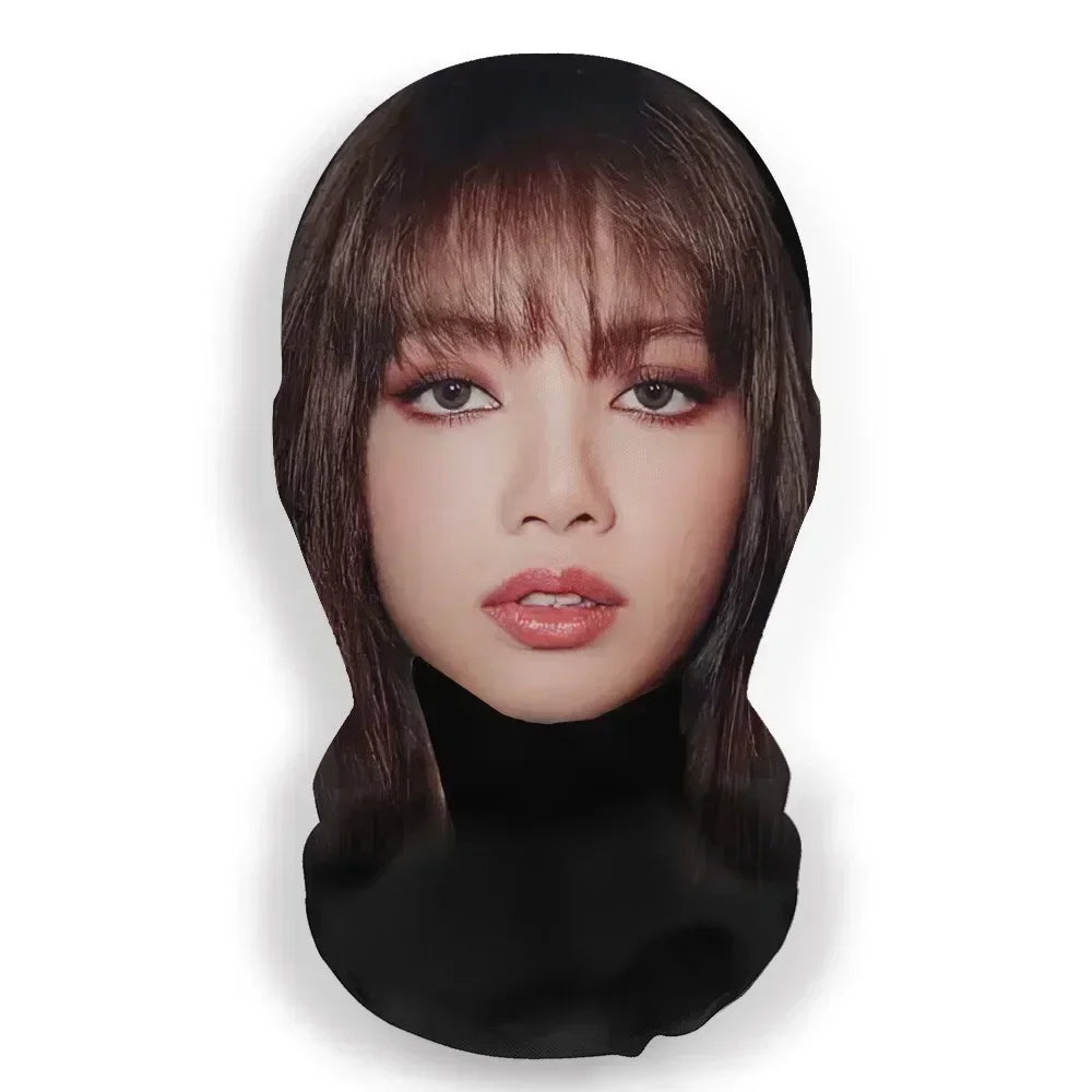 Black face mask featuring 3d printed lisa portrait with long dark hair and bangs for cosplay 3d printed role play headdress hip hop fashion