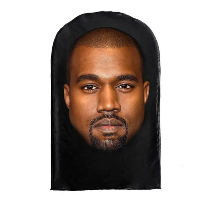 Black fabric cosplay 3d printed face mask featuring kanye west portrait for role play headdress and hip hop fashion use