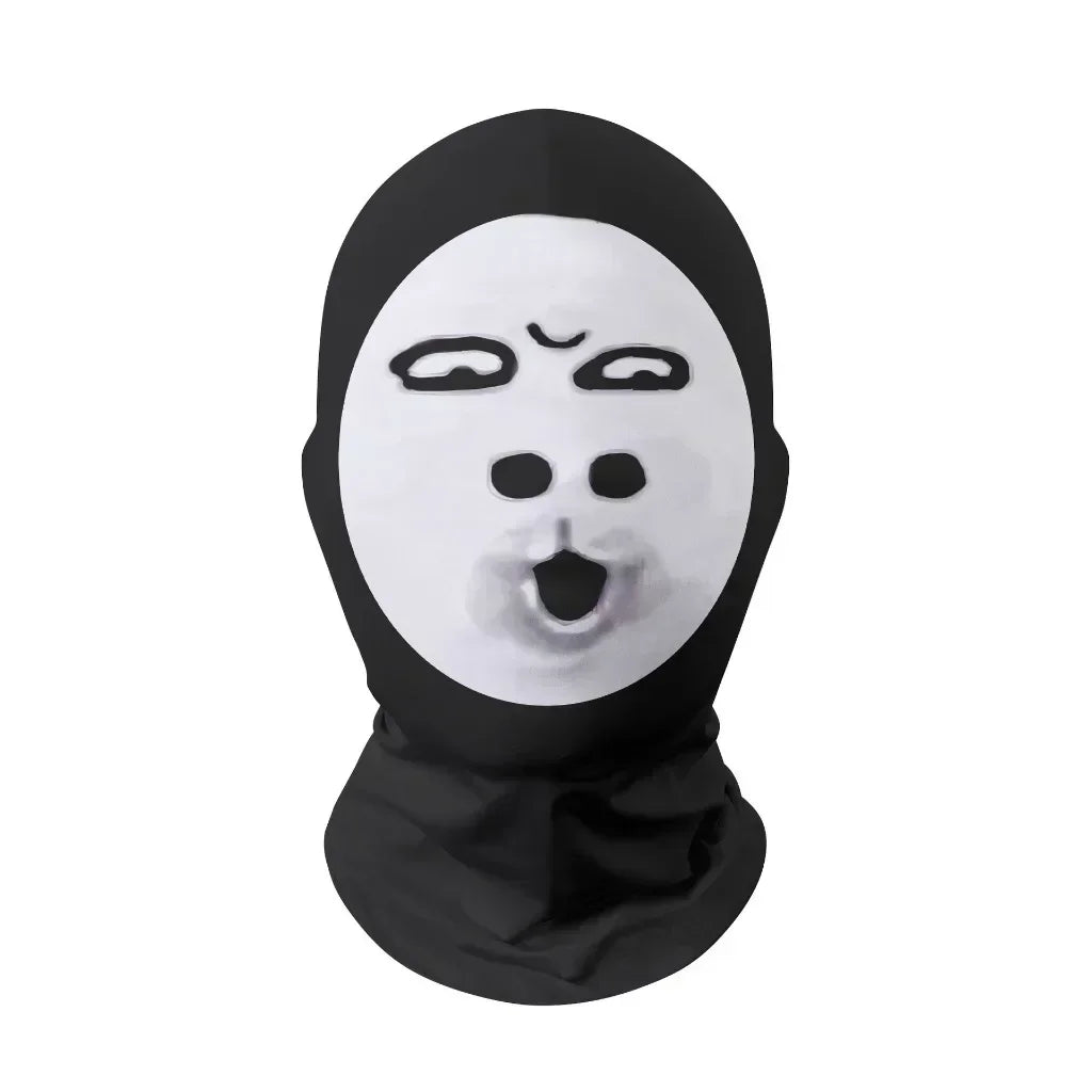 Black cosplay 3d printed balaclava with white mesh face featuring cartoon eyes for role play headdress and hip hop fashion