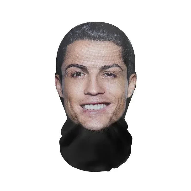 Black cosplay 3d printed mesh full face mask featuring cristiano ronaldo portrait for role play headdress and hip hop fashion