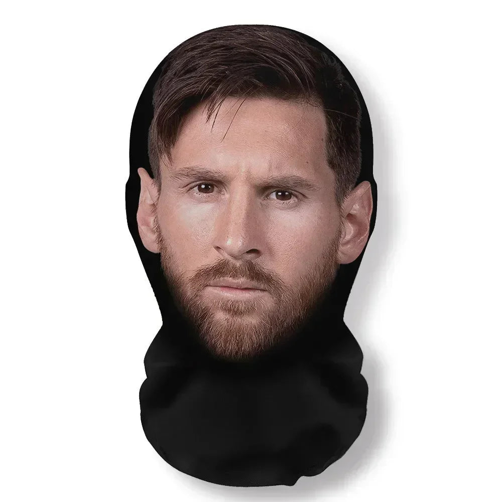 Black cosplay 3d printed stretch mesh face mask featuring detailed lionel messi print for role play headdress and hip hop fashion