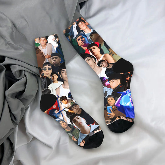 Black couple socks with vibrant milo j music collage print featuring anti skid soft fabric for autumn leisure graphic use
