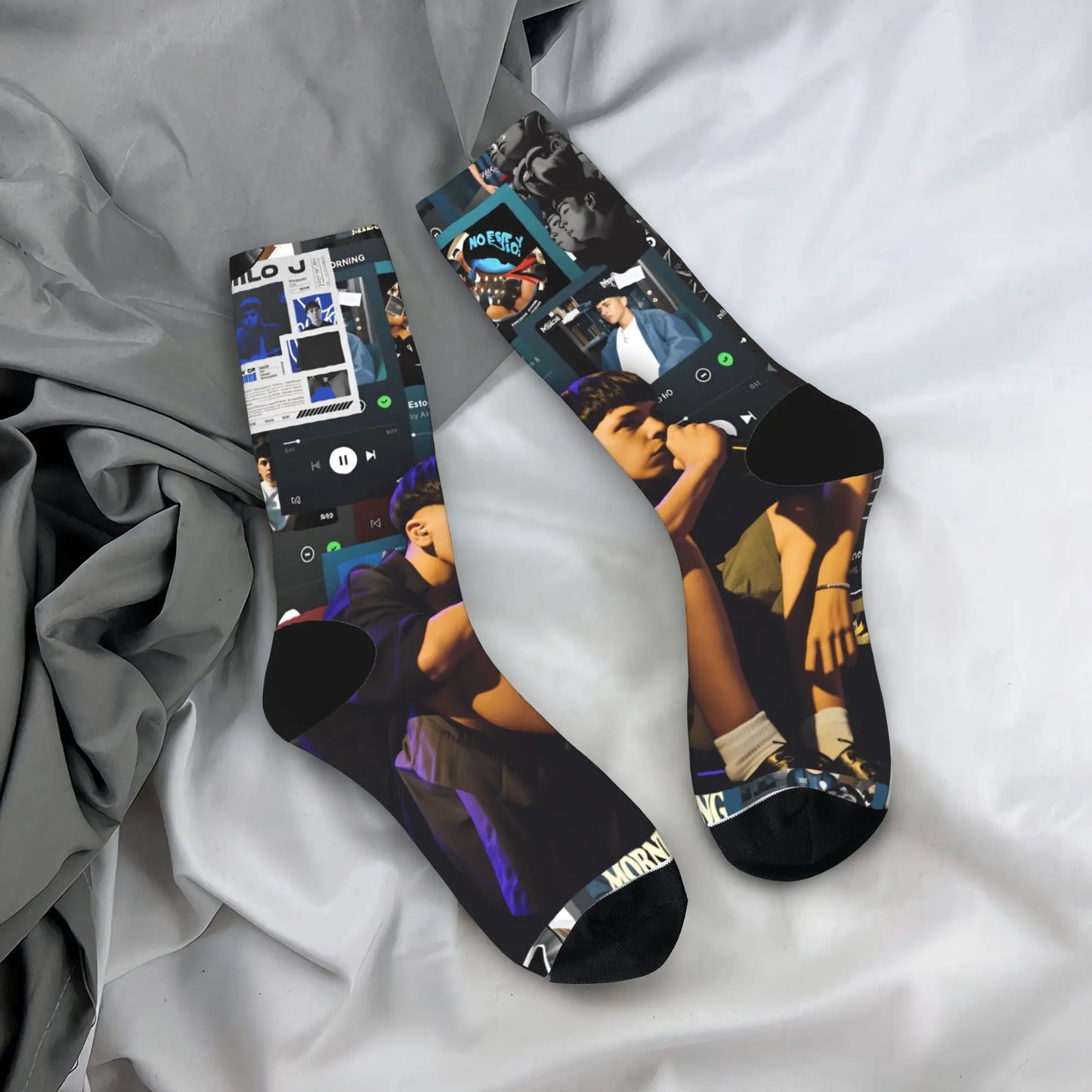Black anti skid soft socks featuring autumn leisure graphic stranger things scenes for milo j music fans