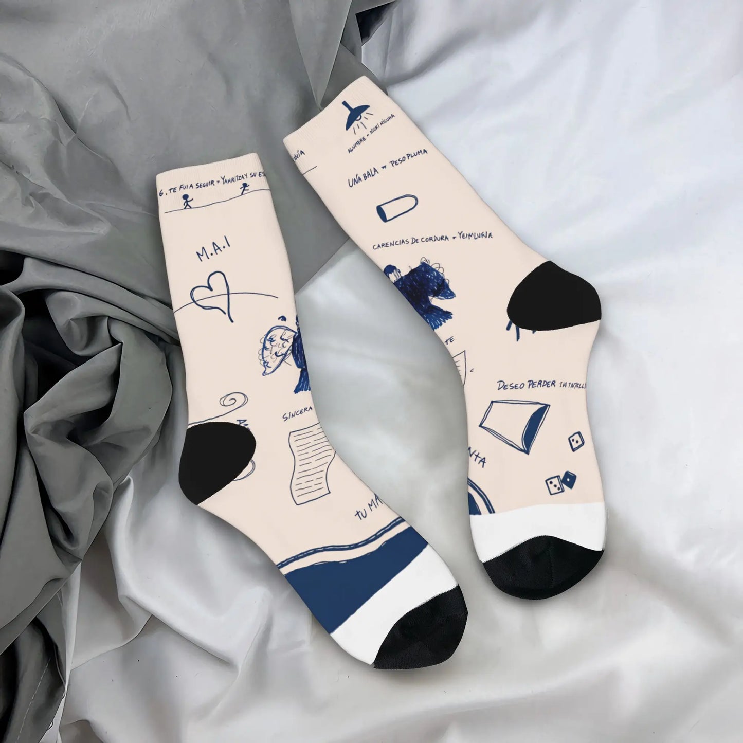 Cream-colored anti skid soft couple socks with navy black accents featuring milo j music autumn leisure graphic design