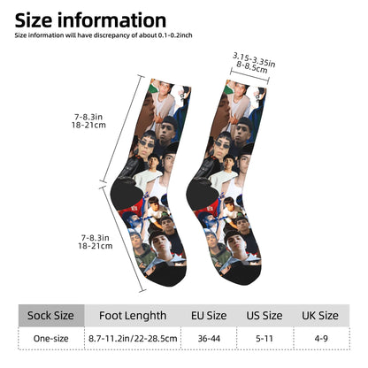 Black anti skid soft socks featuring autumn leisure graphic with repeating images of milo j music album rapper designs