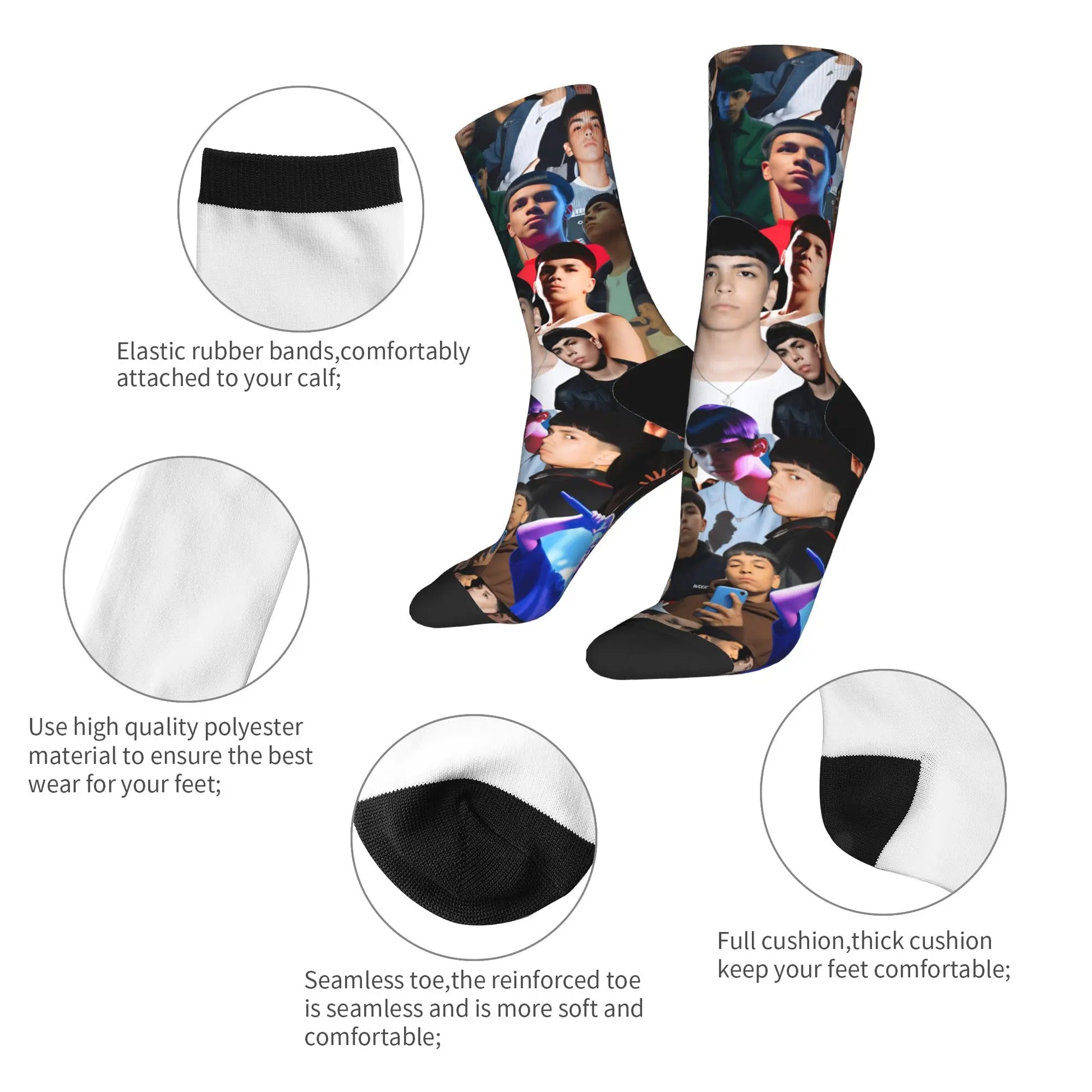 Custom-designed milo j music anti skid soft socks with vibrant portraits on white polyester for autumn leisure graphic use