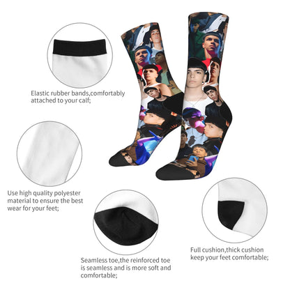 Custom-designed milo j music anti skid soft socks with vibrant portraits on white polyester for autumn leisure graphic use