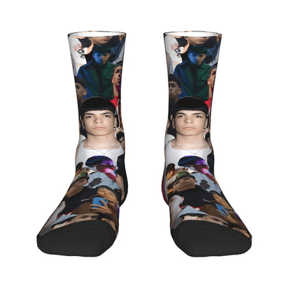 A pair of black crew socks with vibrant milo j music album print featuring anti skid soft fabric for autumn leisure graphic use