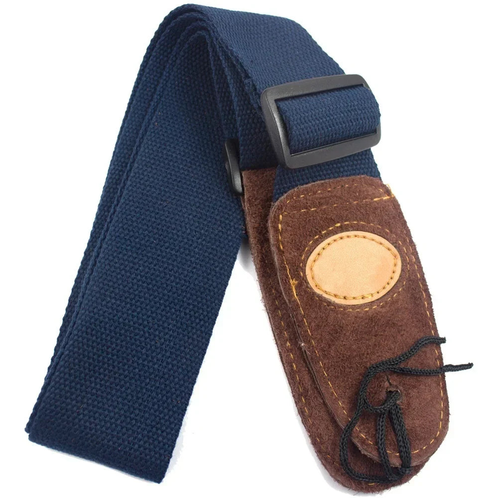 Navy blue cotton guitar strap with cowhide head brown suede end piece and black buckle for folk guitar acoustic use