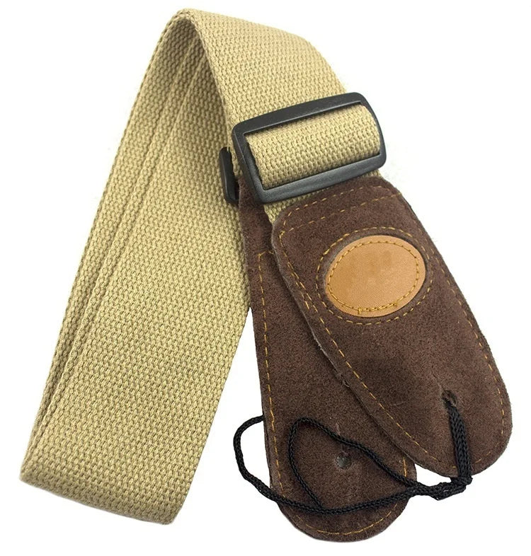 Tan canvas cotton guitar strap with brown suede cowhide head and black plastic buckle for folk guitar acoustic use