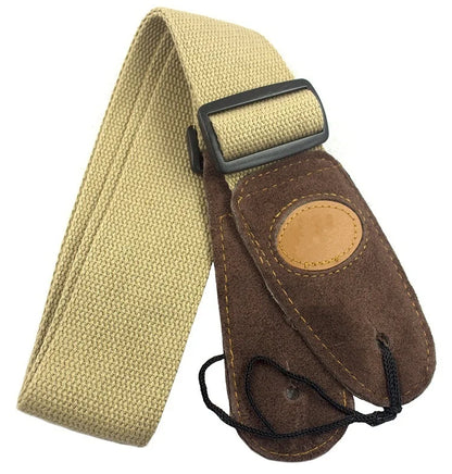 Tan canvas cotton guitar strap with brown suede cowhide head and black plastic buckle for folk guitar acoustic use