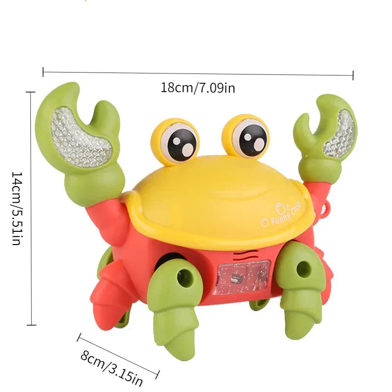 A cheerful yellow and red plastic crawling crab toy with green glittery claws designed as interactive music gifts