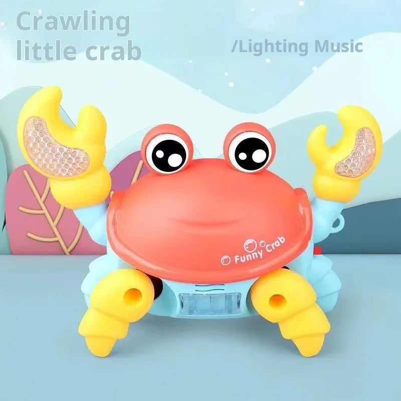 A cheerful orange and yellow plastic crawling crab toy with glowing claws for interactive music gifts and toy walking moving play