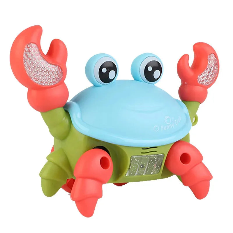 A cheerful blue and green plastic crawling crab toy with red claws features textured light-up surfaces for interactive music gifts