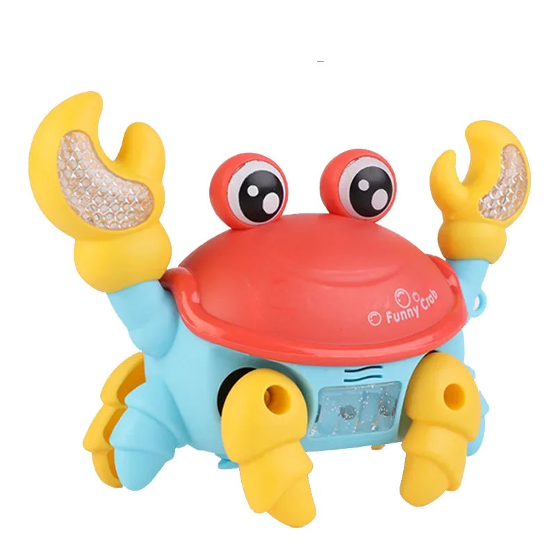 A cheerful red and blue plastic crawling crab toy with yellow claws and sparkling led lights for interactive music gifts