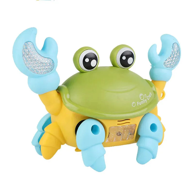 Green and yellow plastic crawling crab toy with light-up blue claws walking moving interactive music gifts for kids
