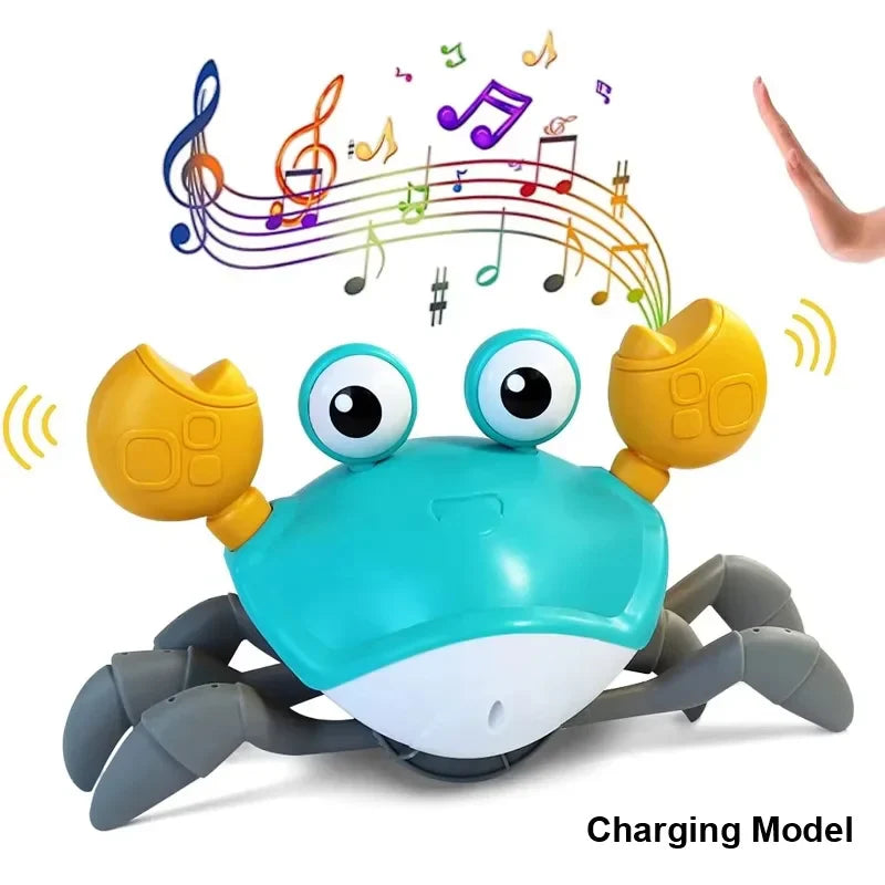 Turquoise and white robotic crawling crab toy with yellow claws plays music for interactive escape toy pets using electric induction