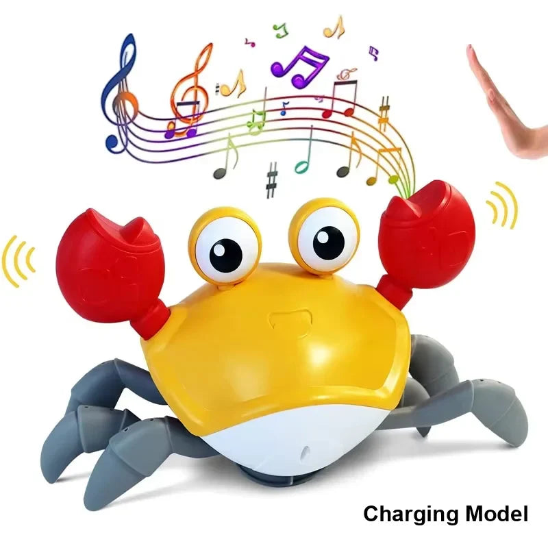A yellow and red crawling crab toy with gray legs and musical notes for toys electric induction escape toy pets
