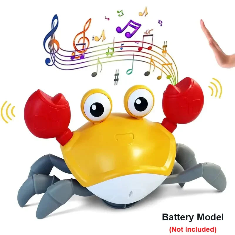 A cheerful yellow and red robotic crab toy with gray legs playing music designed as crawling crab toys and escape toy pets with toys electric induction features