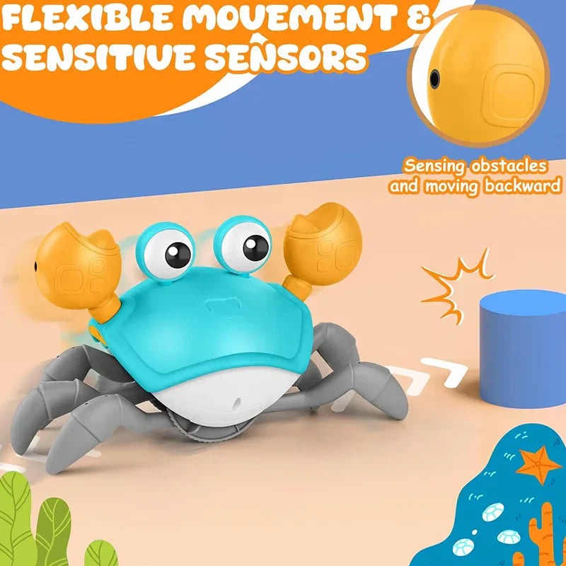 A blue and orange robotic crawling crab toy with large eyes and electric induction features as an escape toy pet
