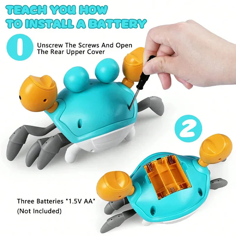 Turquoise and orange battery-powered crawling crab toy with gray legs designed as an electric induction escape toy pet