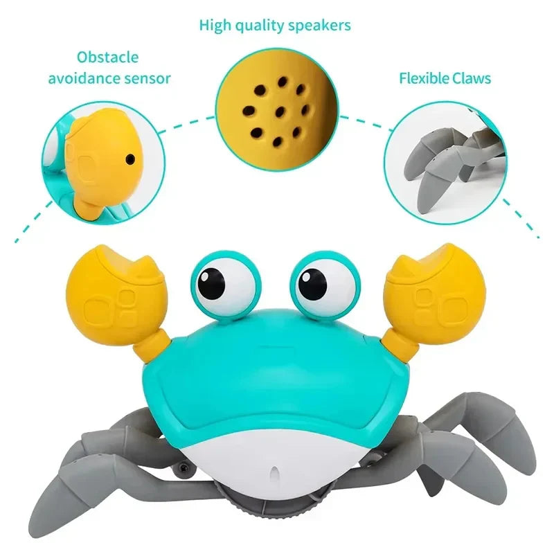 A turquoise and yellow crawling crab toy with flexible claws and large eyes for toys electric induction escape toy pets