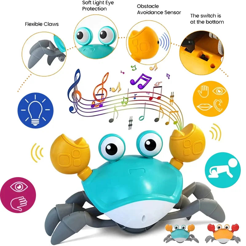 Turquoise and yellow crawling crab toys with flexible gray claws, light eye protection, and toys electric induction sensor