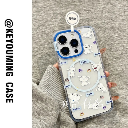 Clear crayon shin chan magnetic phone case with blue camera ring and white cartoon puppy decals for apple 17 promax