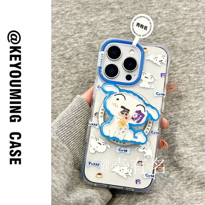 Back side of a clear magnetic phone case with blue outlined crayon shin chan dog character and puppy stickers