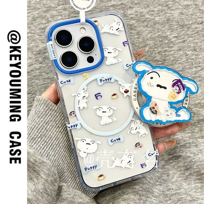 Clear crayon shin chan magnetic phone case with blue trim white cartoon dog decals and circular pop-up stand back side
