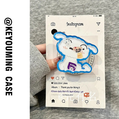 A white and blue cartoon dog-shaped magnetic phone case with purple backpack detail and glossy finish for Crayon Shin chan models