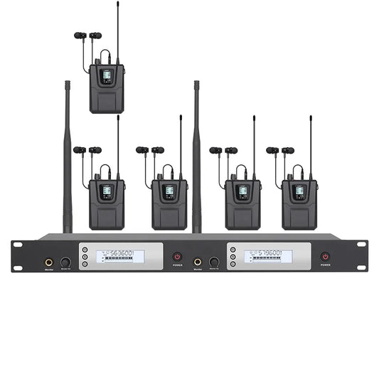 Black wireless lavalier microphone system create sound psm200 with five transmitters and one receiver for stage use