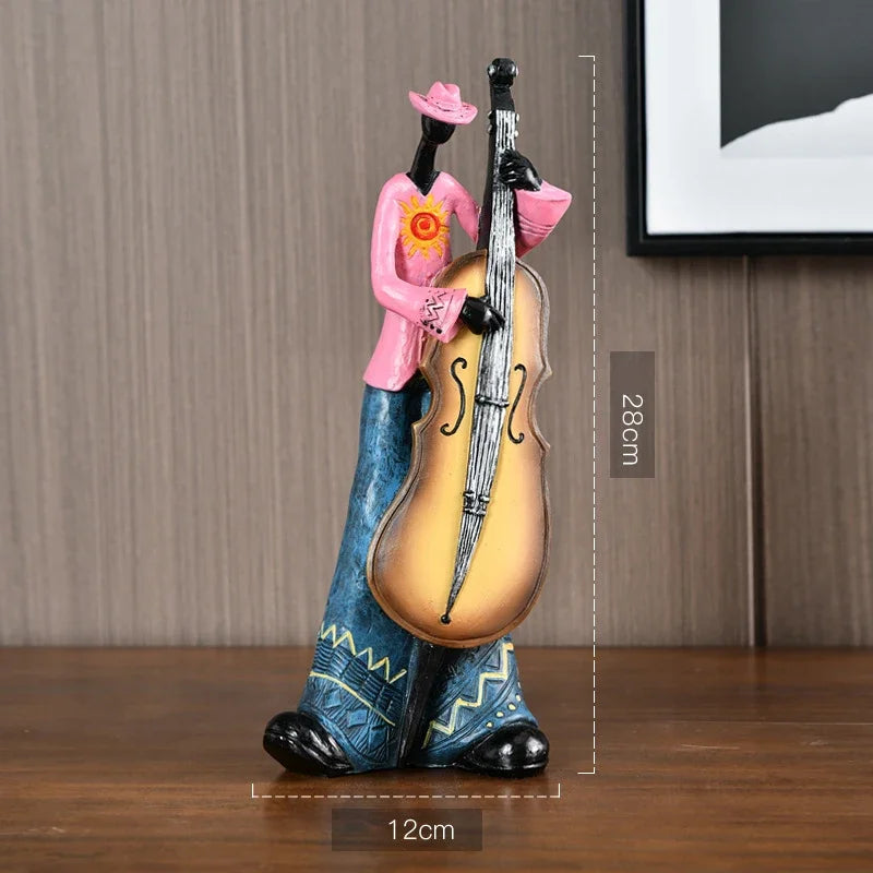A vibrant pink and blue resin creative american band crafts statue sculpture with cowboy musician holding upright bass for porch study nordic decor