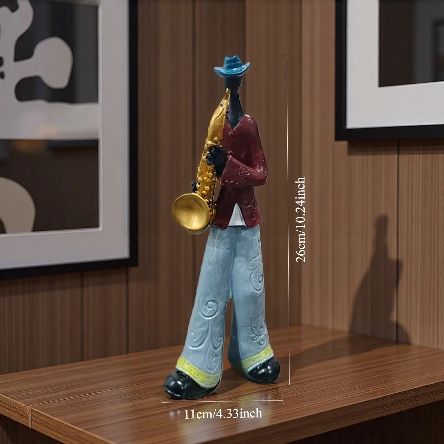 A creative American band musical instrument model figurine in maroon jacket and light blue pants for study Nordic arts