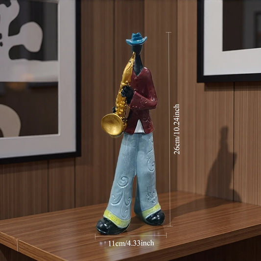 A creative American band musical instrument model figurine in maroon jacket and light blue pants for study Nordic arts