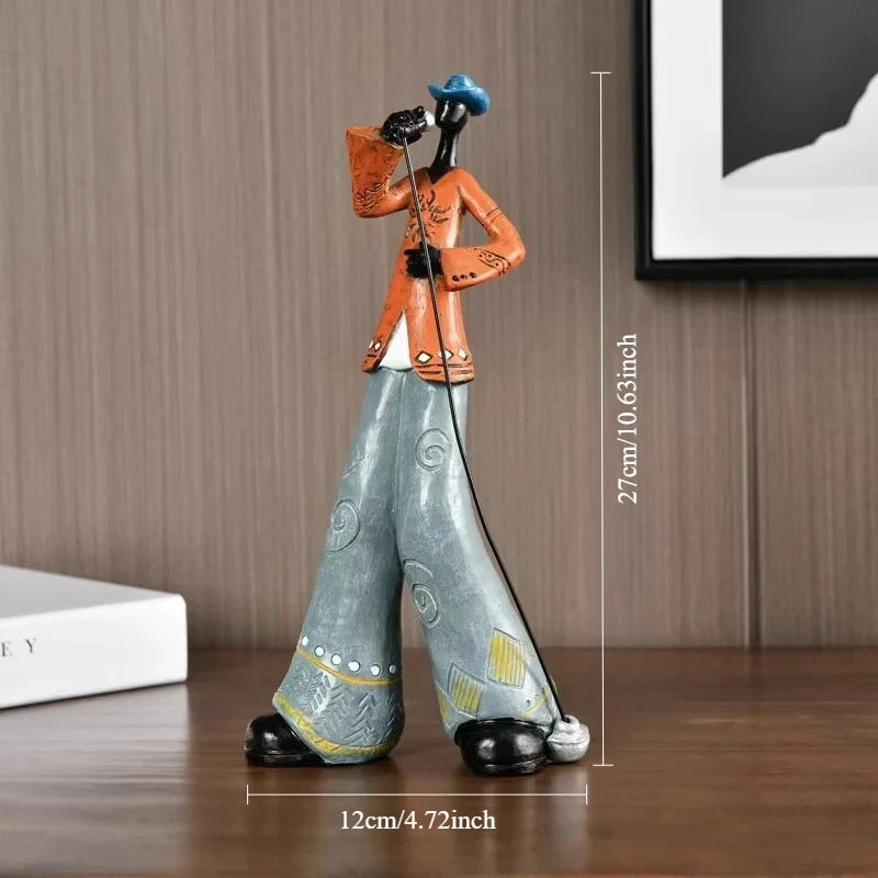 A stylized ceramic musical instrument model of a creative american band member in orange jacket for study nordic arts decor