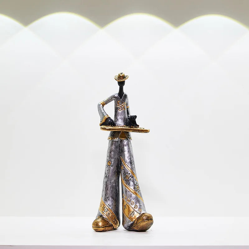Silver and gold ornate creative american band decoration musical figurine holding a tray with a small black cat for porch study nordic arts and crafts