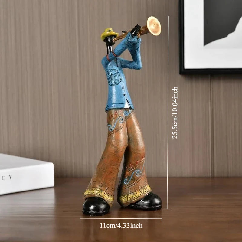 Stylized creative american band figurine in blue and brown playing a brass trumpet with gold detailing for study nordic arts decor