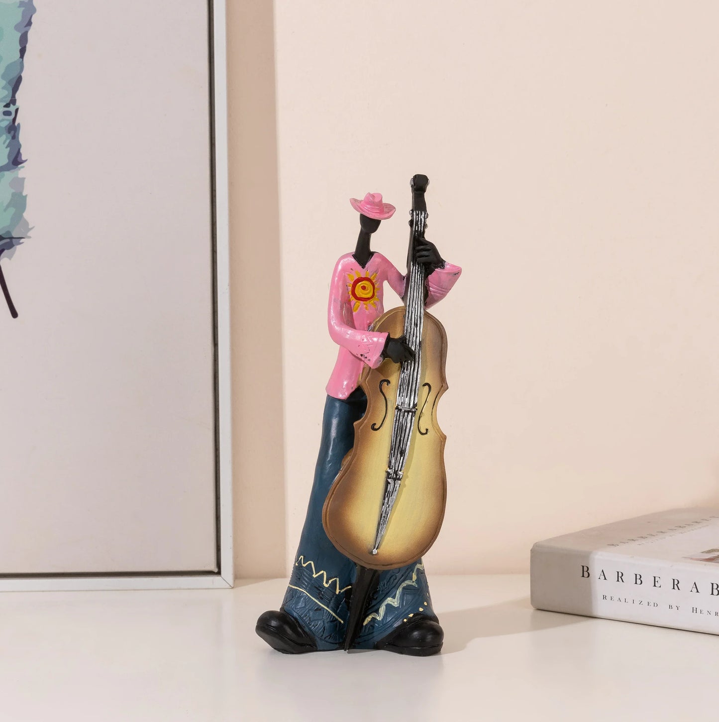 Creative american band musical instrument model of a pink and blue musician figurine holding an upright bass for study nordic arts decor