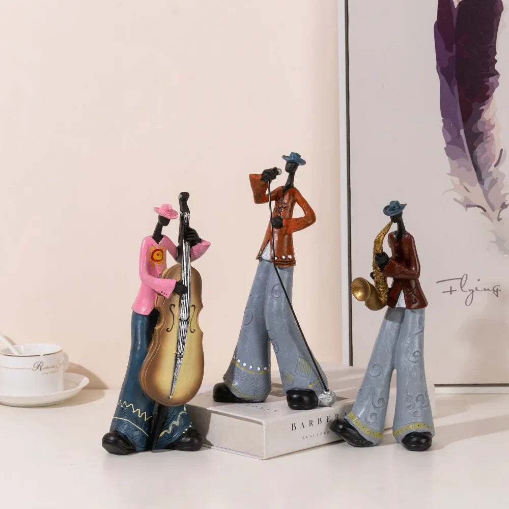 Three stylized figurines of a creative american band musical instrument model with vibrant colors for study nordic arts decor