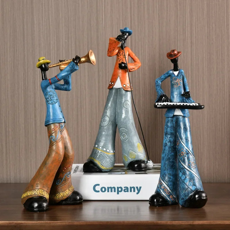 Three vibrant creative american band crafts statue sculpture figurines with musical instruments for porch study nordic decor