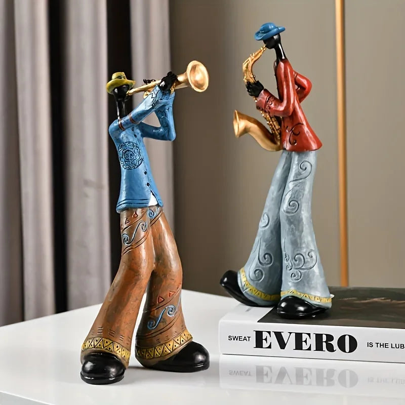 Two painted resin creative american band crafts statue sculpture figurines in blue brown and red gray for porch study nordic decor