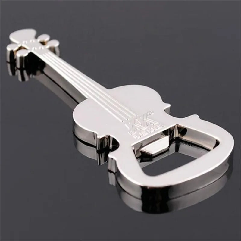 Shiny silver metal bottle opener musical instrument style with detailed string design creative guitar beer small prize gift