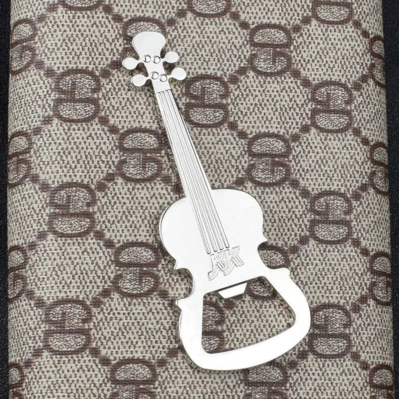 Silver metal bottle opener shaped like a violin with engraved logo ideal as a creative guitar beer small prize gift