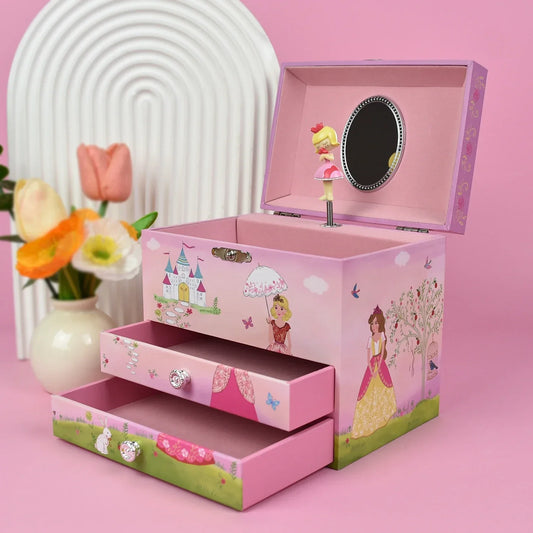 Pink princess-themed wooden music box with multiple drawers storage and crystal knobs perfect as music box birthday gift