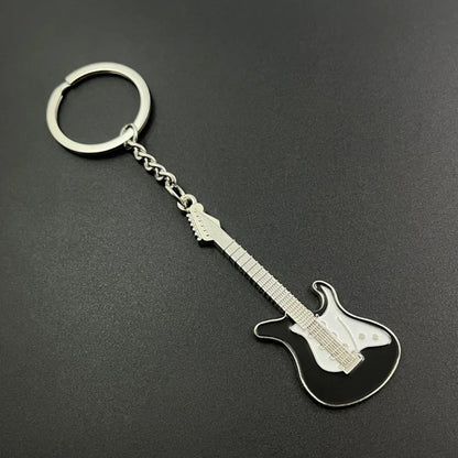 Black and silver electric guitar creative mini musical instruments guitar keychain with metallic finish rhinestone keyring women