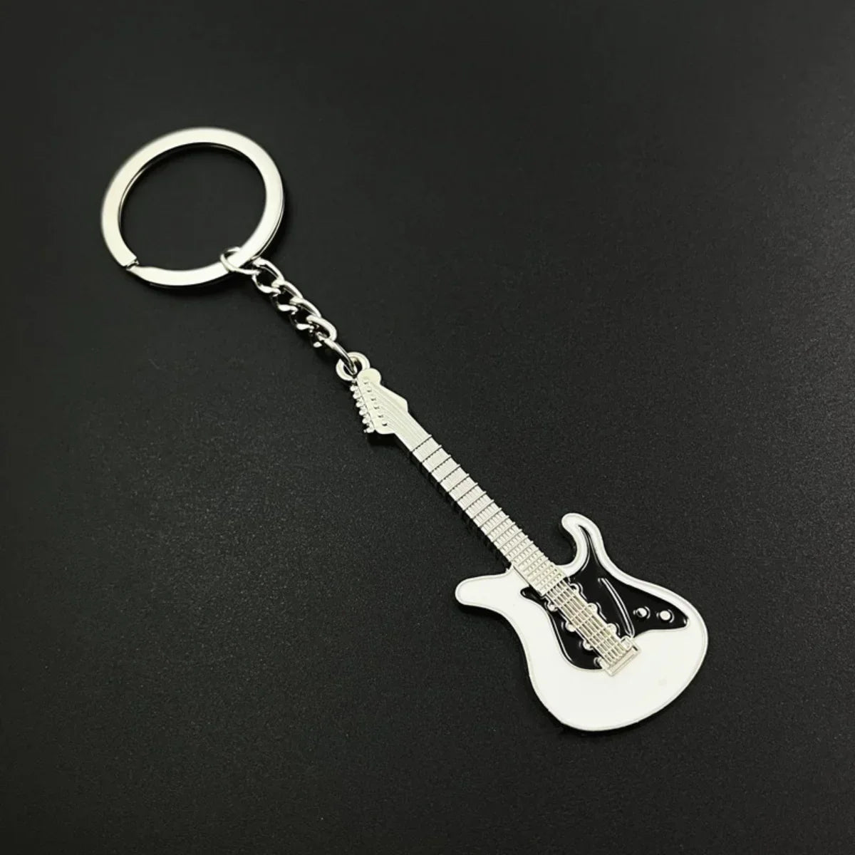 White and black electric instruments guitar keychain with silver metal ring rhinestone keyring women gift accessory