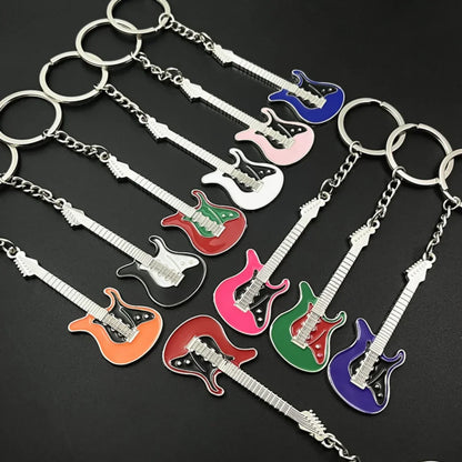 Colorful enamel creative mini musical instruments guitar keychain with silver metal body and rhinestone keyring women gift